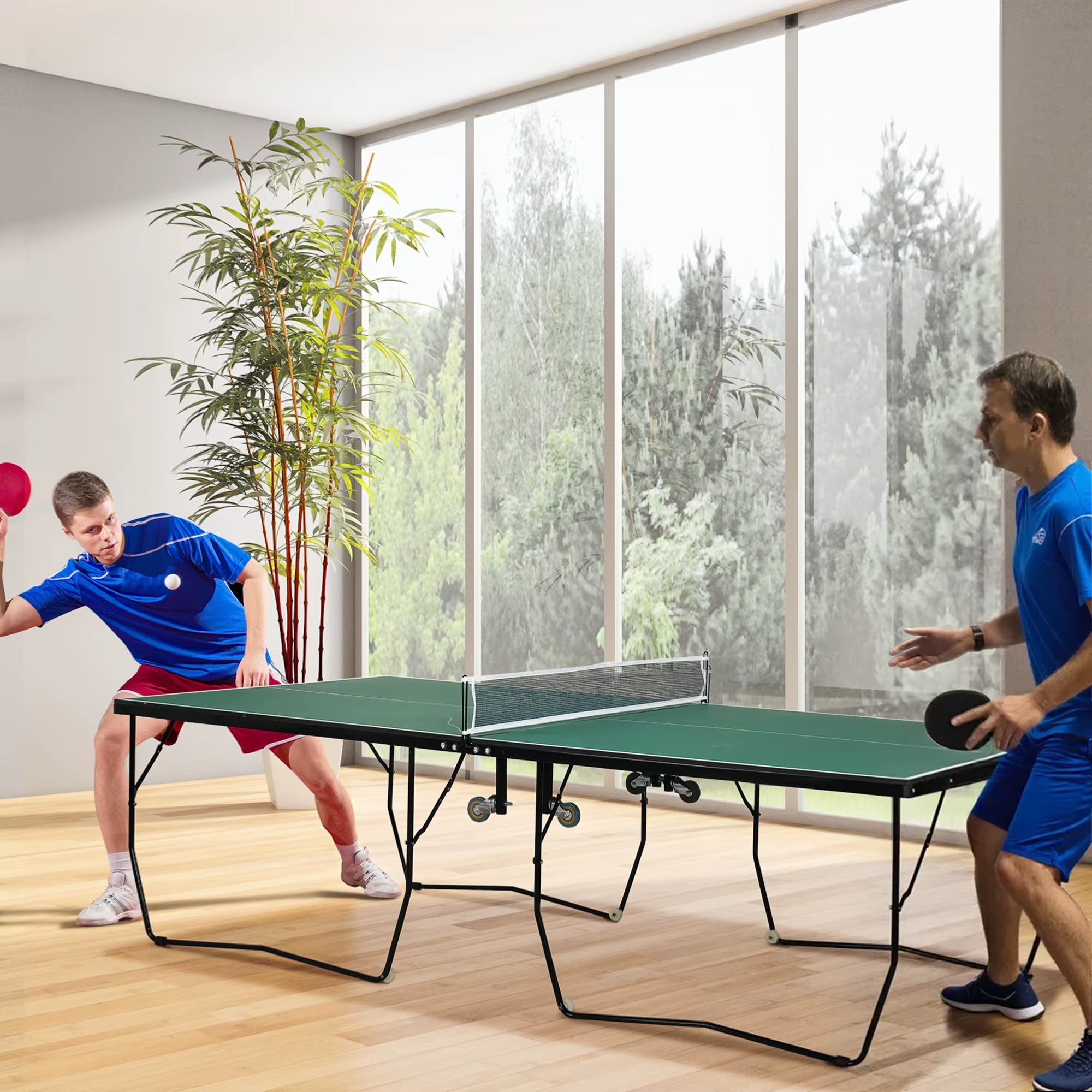 9FT Table Tennis Table, Portable, 4 Wheels, 2 Bats, 3 Balls, Blue