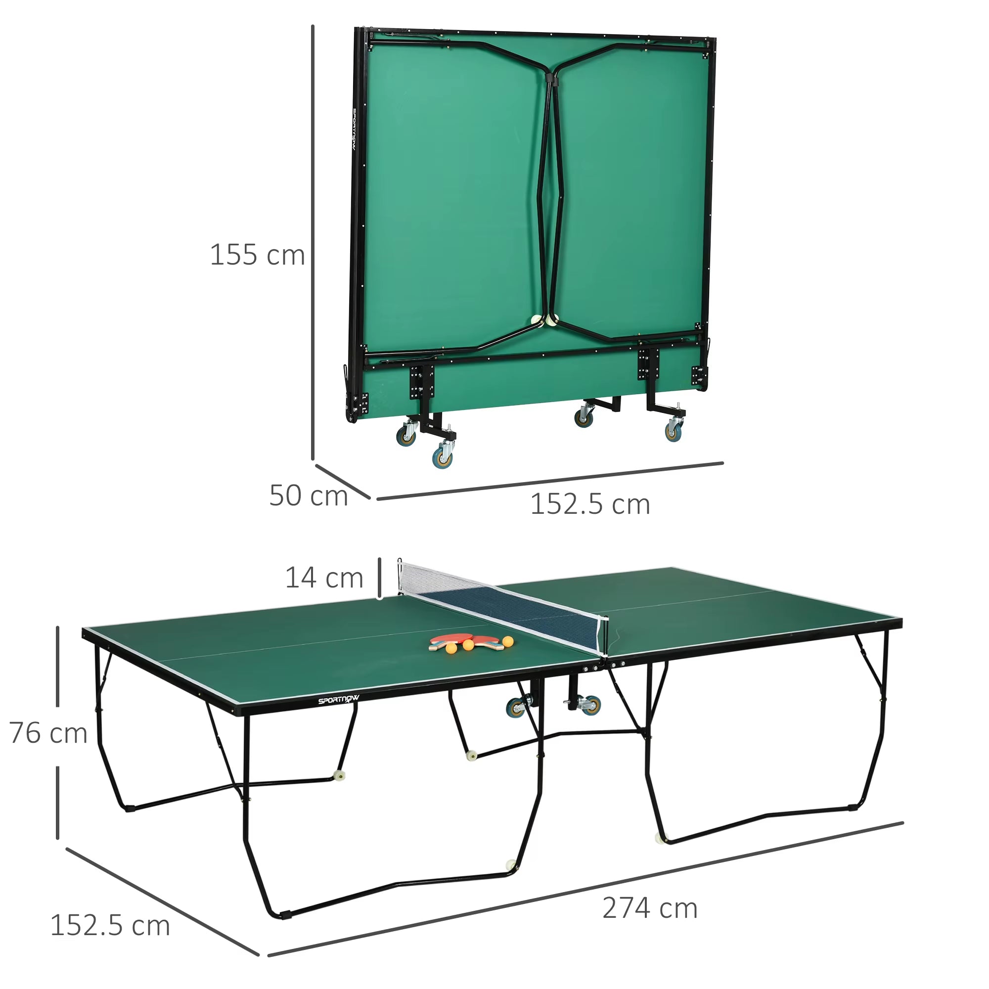 9FT Table Tennis Table, Portable, 4 Wheels, 2 Bats, 3 Balls, Blue