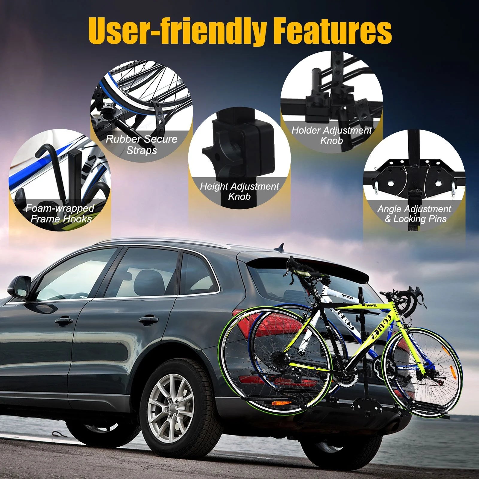 2-Bike Hitch Mount Rack with Retractable Tire Cradles