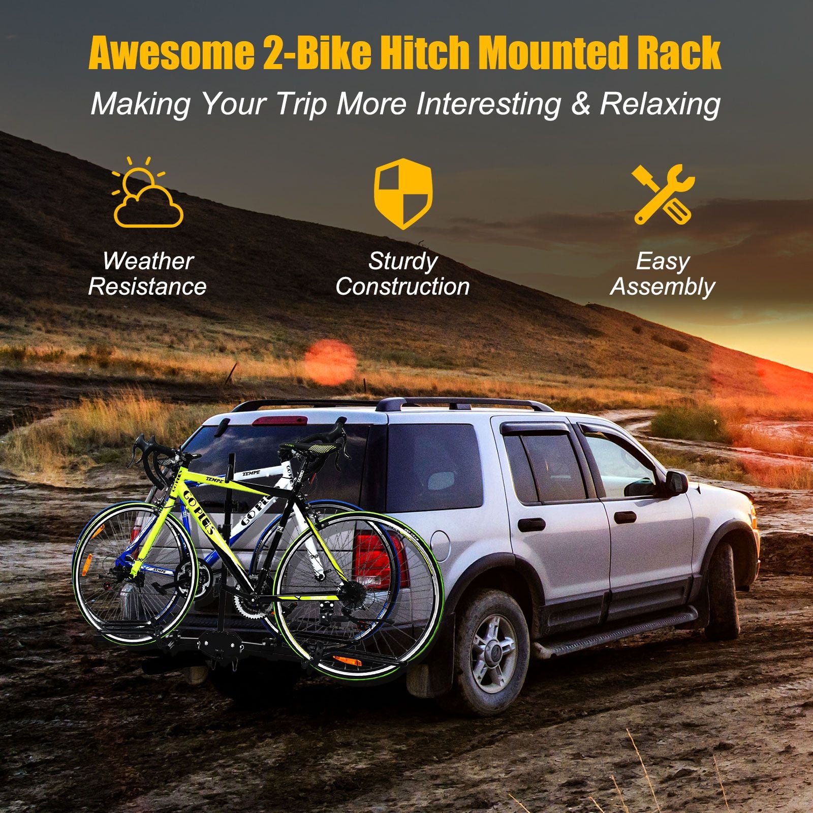 2-Bike Hitch Mount Rack with Retractable Tire Cradles