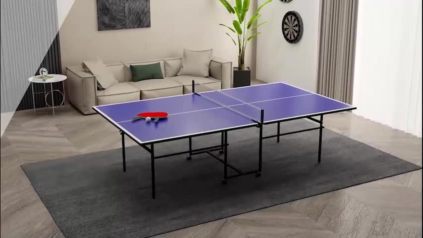9FT Table Tennis Table W/ Four Wheels, Folding Tennis Table, Blue