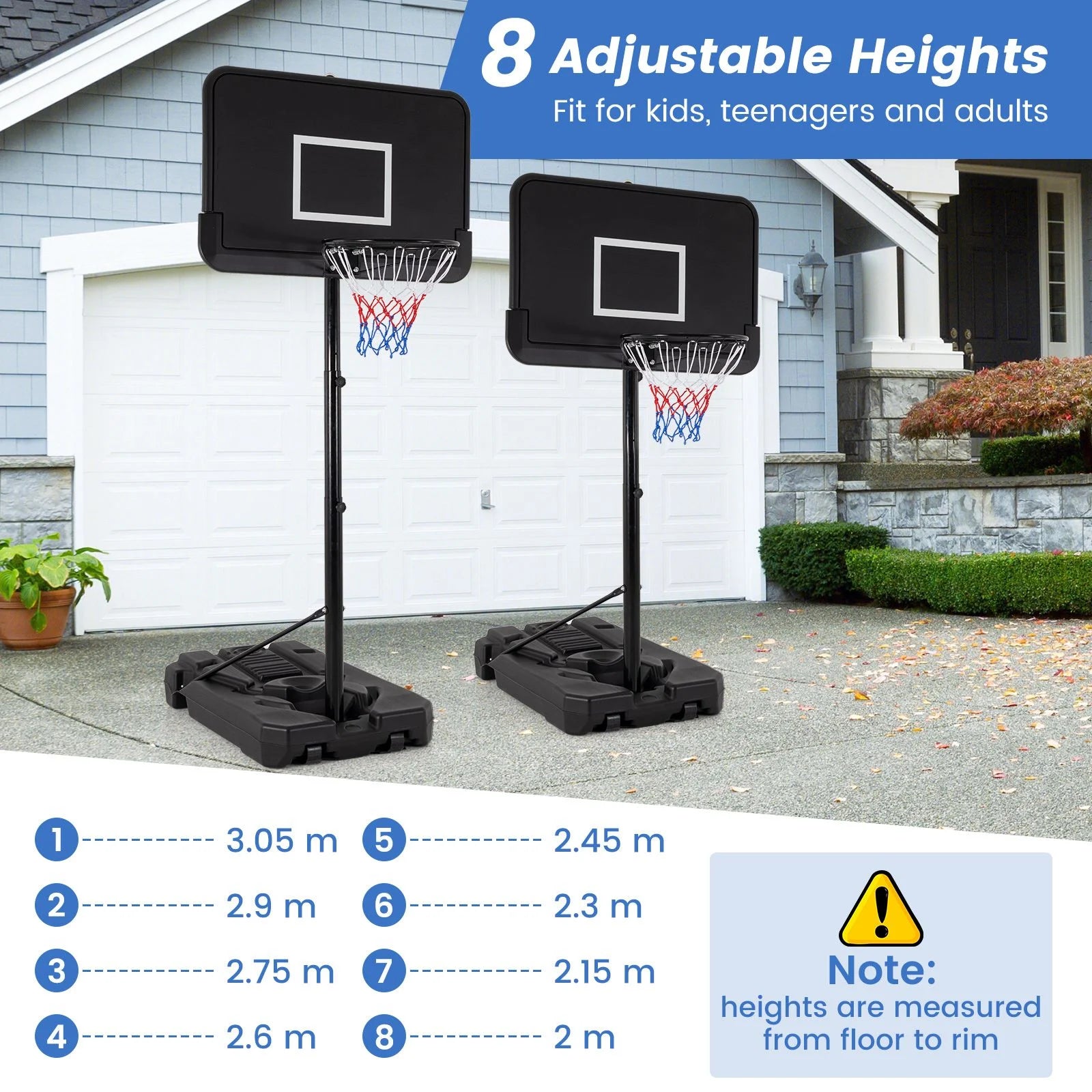 2.6-3.65 M Adjustable Portable Basketball Hoop with Shatterproof Backboard