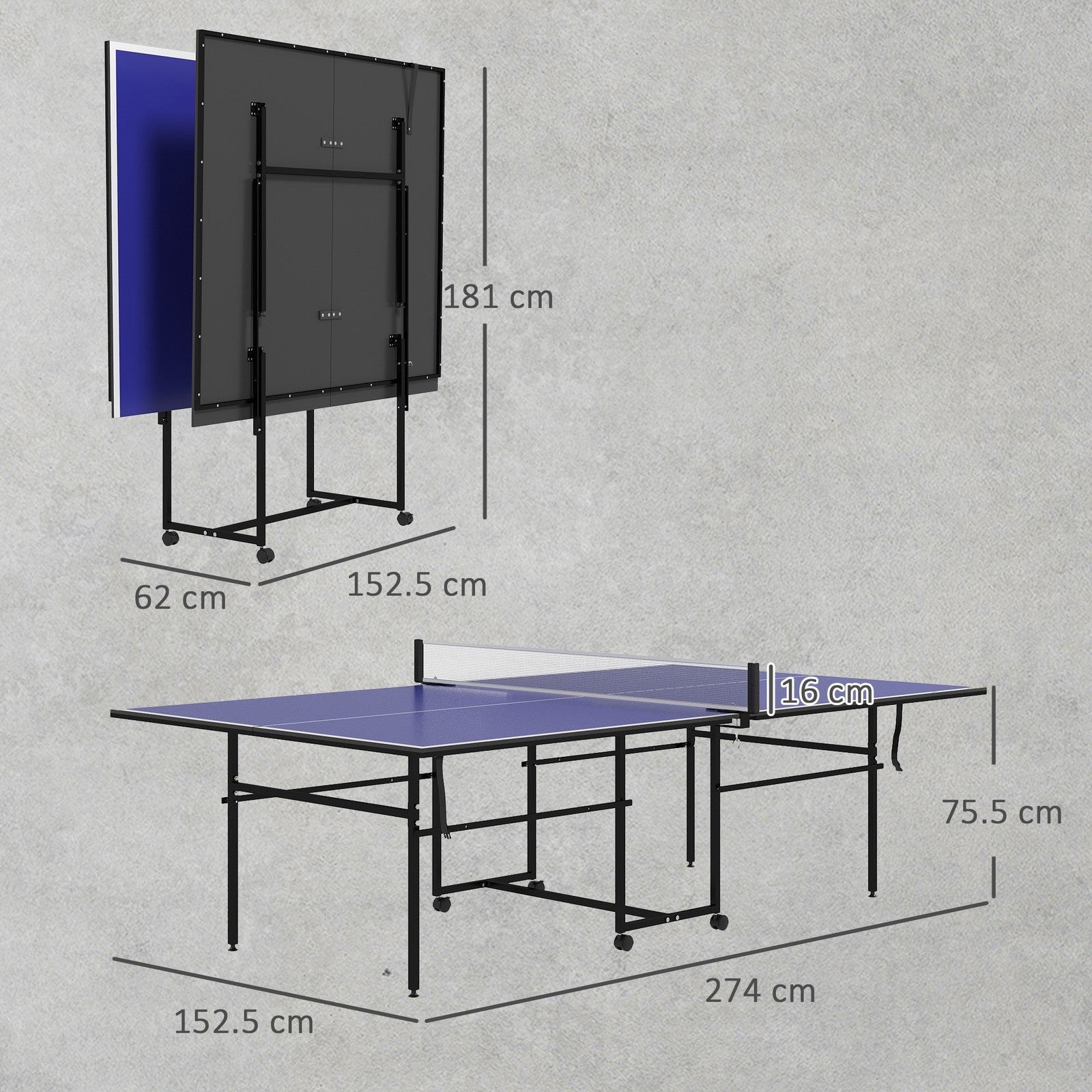 9FT Table Tennis Table W/ Four Wheels, Folding Tennis Table, Blue